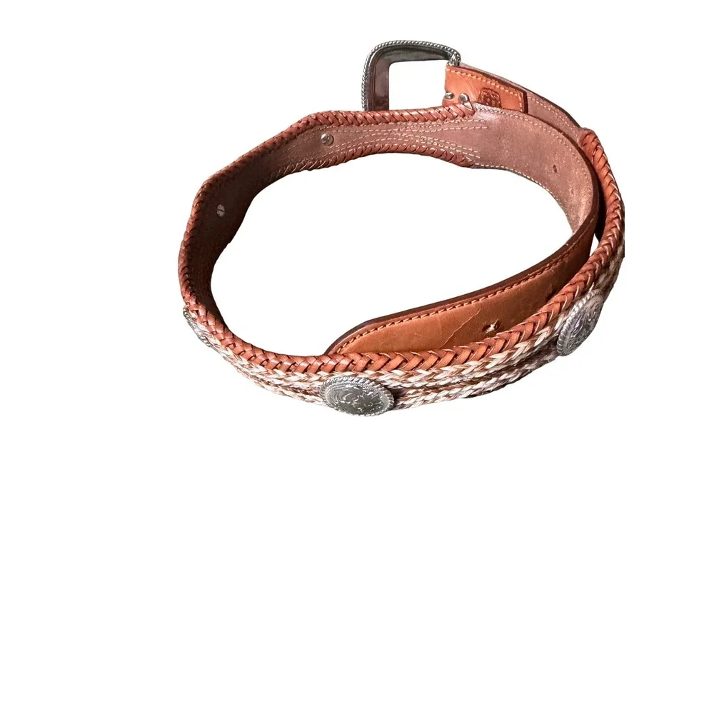 Tony Lama Mens Braided Horsehair Leather Western Belt Tan Silver Concho 32 7106L